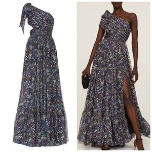 Ieena for Mac Duggal One Shoulder Floral Gown Maxi Dress Purple Chiffon - Size 0